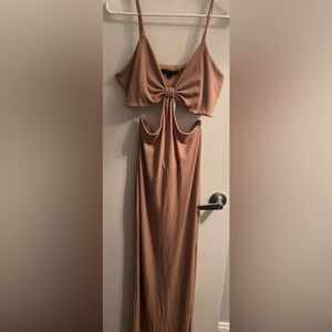 Chic Tan Maxi Dress with Cut-Out Design